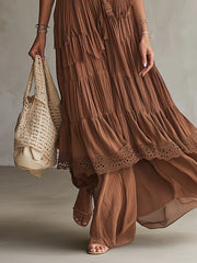 Rust Layered Chiffon Lace Maxi Dress