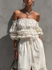 White Off Shoulder Chiffon Cotton Linen Maxi Dress With Lace Trim And Ruffle