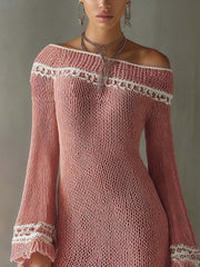 Pink Knit Mini Dress With White Trim