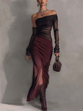 One Shoulder Black Chiffon Patchwork Burgundy Side Slit Bodycon Maxi Dress