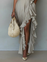 Gray Ruffled Linen Maxi Dress