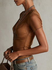 Brown Embroidered Deep V-Neck T-shirt
