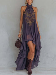 Lavender Purple Chiffon Maxi Dress Vintage Baroque Embroidered