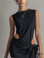 Black Faux Suede Cutout Fringe Mini Dress Shorts