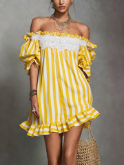 Yellow Striped Off-Shoulder Puff Sleeve Ruffle Hem Mini Dress