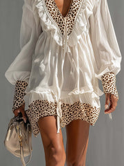 White Leopard Print Chiffon Ruffle Mini Dress