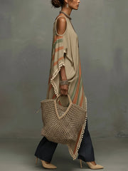 Khaki Linen Blend Printed Off Shoulder Dress With Fringe Hem