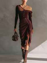 Burgundy Asymmetrical Button Detail Bodycon Dress