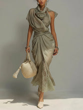 Green Asymmetric Scarf Collar Chiffon Lace Maxi Dress