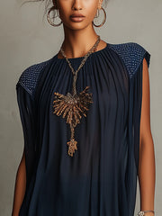 Navy Pleated Sheer Shoulder Eadwork Mini Dress