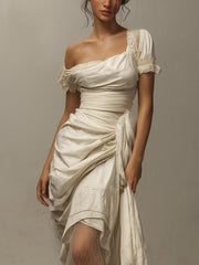 Beige Stretch Short-Sleeve Ruched Lace Maxi Dress