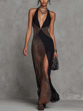 Black Leopard Patchwork Hollow Out Sleeveless Bodycon Maxi Dress