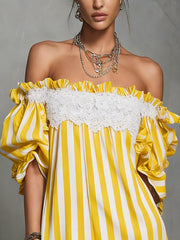 Yellow Striped Off-Shoulder Puff Sleeve Ruffle Hem Mini Dress