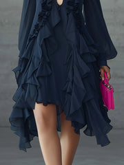 Navy Chiffon Cold Shoulder Ruffle Mini Dress