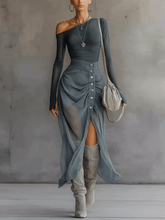 Blue Stretch Knit Chiffon Off-shoulder Maxi Dress With Slit Hem