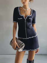 Navy Knit Zip Front Mini Dress With White Trim