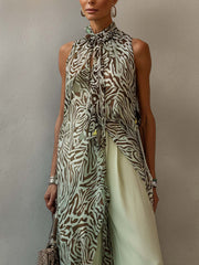 Light Green Zebra Print Chiffon Bow Tie Top And Wide Leg Pants Set