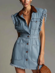 Blue Cotton Washed Denim Frayed Mini Dress