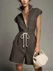 Dark Brown Cotton Washed Denim Sleeveless Loose Jumpsuit