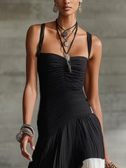 Black And White Pleated Tiered Maxi Dress With Printed Hem