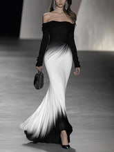 24-Hour-Shipping Off-Shoulder Black And White Gradient Maxi Dress