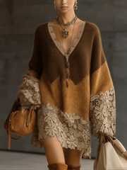 24-Hour-Shipping Brown Ombre Knit Lace Oversized Long Sleeve Mini Dress