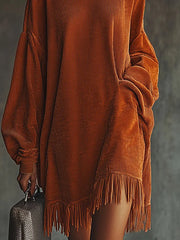 24-Hour-Shipping Orange Corduroy Loose Tassel Hem High Collar Dress
