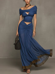 Blue Off Shoulder Stretch Top And Ruched Chiffon Skirt Set