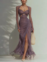 Purple Long Sleeve Chiffon Ruched Maxi Dress