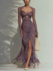 Purple Long Sleeve Chiffon Ruched Maxi Dress