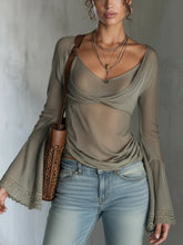 Green Sheer Knit Top With Lace Cuff Sleeves