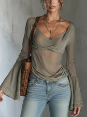 Green Sheer Knit Top With Lace Cuff Sleeves