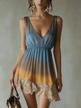 Blue Ombre V-Neck Lace Trim Chiffon Mini Dress