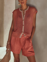 Red Open-Knit Button-Front Top & High-Waist Shorts Set