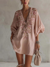 Pink Cotton Linen Mini Dress With Vintage Floral Embroidery