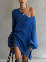 Blue Off‑Shoulder Mohair Sweater Dress With Lace Hem