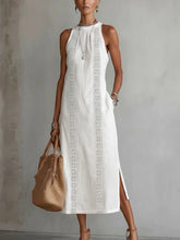 White Sleeveless Linen Midi Dress With Lace Insets And Side Slit