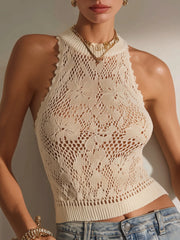 Cream Floral Cotton Knit Sleeveless Top