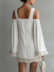 White Cotton-Linen Mini Dress With Tassel Trim And Shoulder Straps