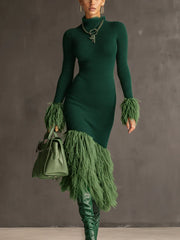 24-Hour-Shipping Emerald Knit Patchwork Eco Faux Fur Long Sleeve Bodycon Dress
