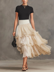 Black Fitted Top And Cream Pleated Tiered Ruffle Chiffon Maxi Skirt Set