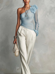 Light Blue One-Shoulder Floral Appliqué Mesh Top