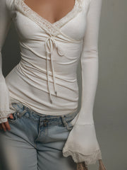 Ivory Lace Hooded Knit Long Sleeve Top
