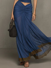 Blue Off Shoulder Stretch Top And Ruched Chiffon Skirt Set