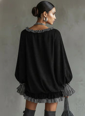 Black Faux Suede Striped Ruffled Loose Mini Dress