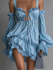 Sky Blue Ruffled Lace Mini Dress