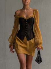 Gold And Black One Shoulder Patchwork Mini Dress