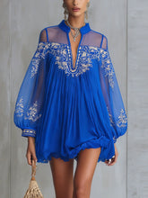Blue Embroidered Sheer Lantern Sleeve Mini Dress