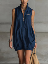 Navy Zip-Up Sleeveless High-Neck Bubble Mini Dress