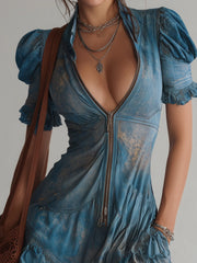 Blue Chiffon Floral Zip Up Mini Dress